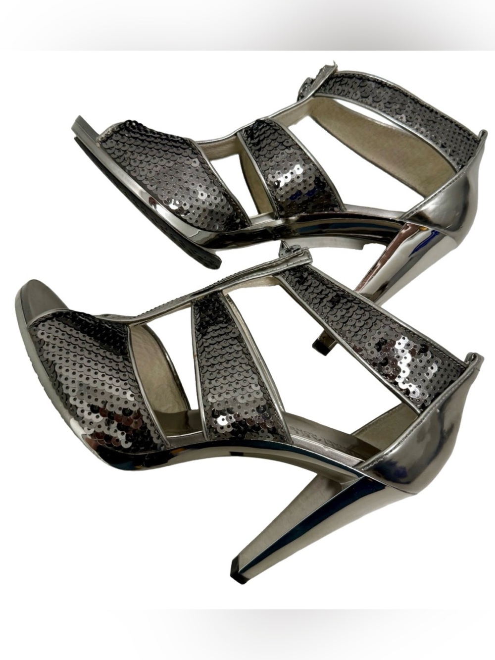 Michael Kors Gunmetal Sequin Berkley Zip Front Sandals 8M )fits like 7.5)